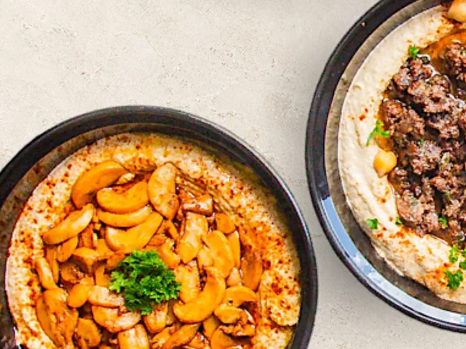 Sababa mushroom hummus and ground beef hummus from above